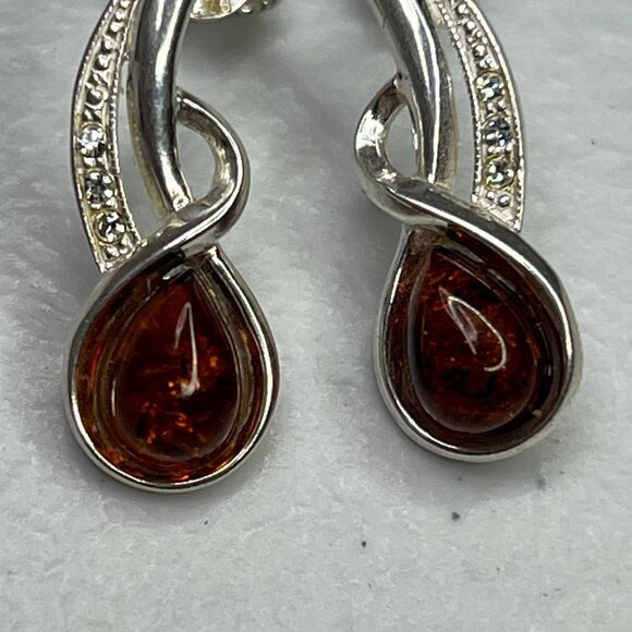 Sterling Silver 925 Cognac Baltic Amber Earrings With Cubic Zirconia Accents - Picture 7 of 11